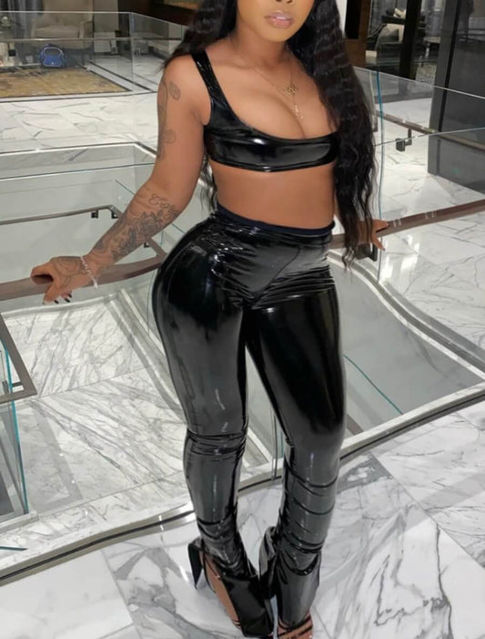 Faux Leather Spaghetti Strap Flare with Slit Pants